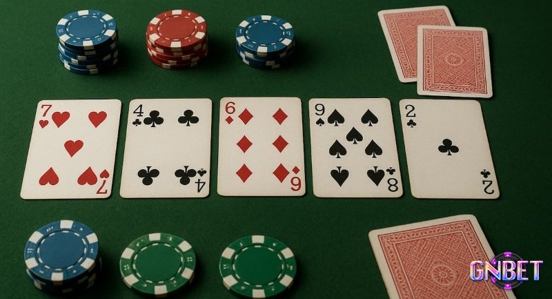 Bàn chơi Seven-Card Stud cổ điển với các lá bài ngửa được chia qua từng vòng cược.