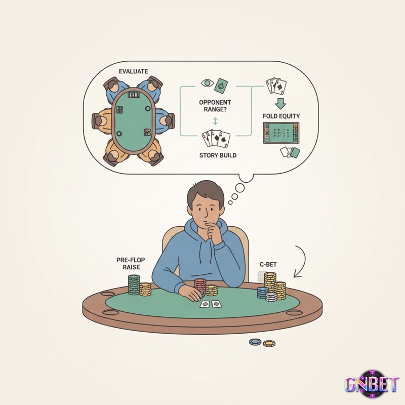 Người chơi poker đánh giá tình huống, tính toán nước bluff chiến lược để khiến đối thủ bỏ bài trong khám phá bluff trong poker là gì