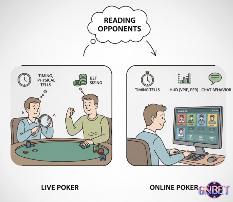 Người chơi poker quan sát dấu hiệu tâm lý và hành vi của đối thủ trong cả môi trường trực tiếp và trực tuyến