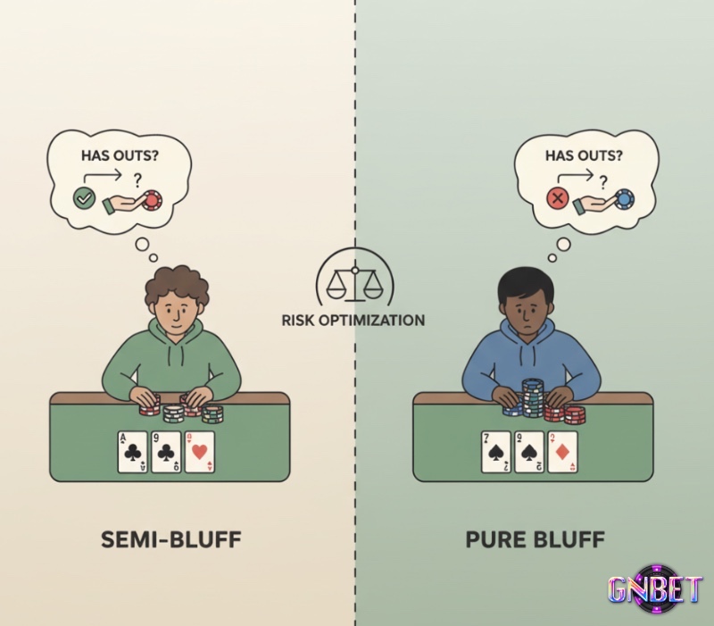 Người chơi poker so sánh semi-bluff có bài đợi và pure bluff không có bài để tối ưu hóa rủi ro