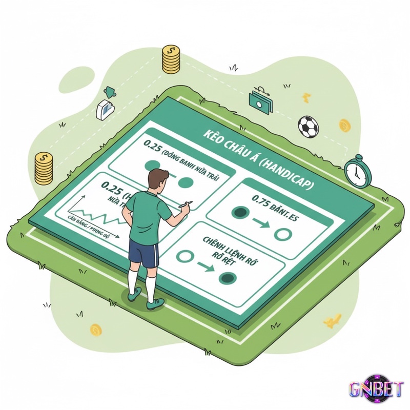 Người chơi bóng đá phân tích kèo Châu Á (Handicap) trên sân với các mức chấp 0.25, 0.75 và 1.25