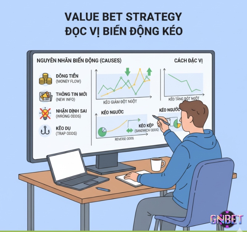 Người đàn ông phân tích biến động tỷ lệ kèo và tìm kiếm kèo giá trị trên biểu đồ tài chính