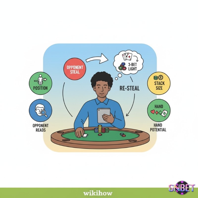 Người chơi poker thực hiện ""re-steal"" và ""3-bet light"" để đối phó chiến thuật Steal của đối thủ