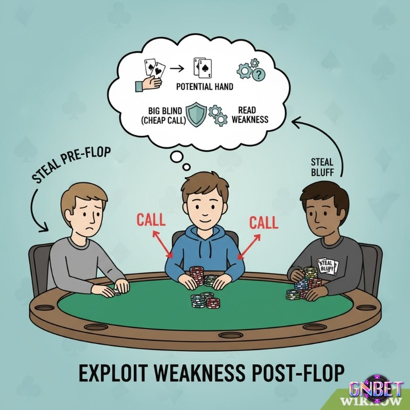 Người chơi poker cân nhắc "call" nhẹ với bài tiềm năng ở Big Blind, sau đó khai thác điểm yếu đối thủ sau flop