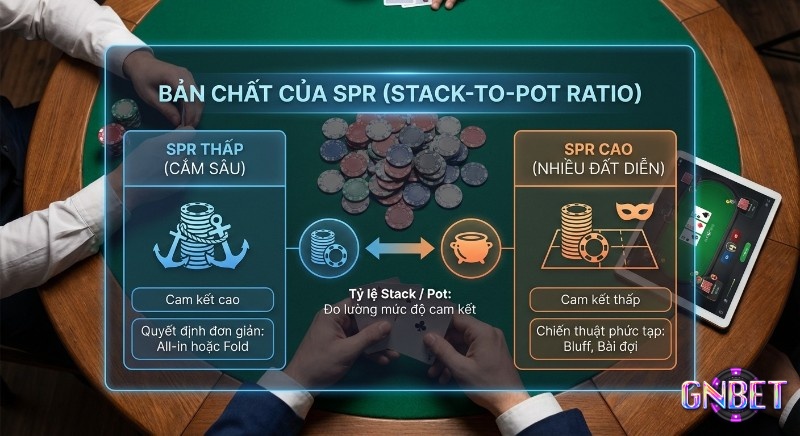 Bảng so sánh bản chất SPR Poker là gì: SPR thấp cam kết cao, quyết định đơn giản; SPR cao cho nhiều đất diễn với chiến thuật phức tạp