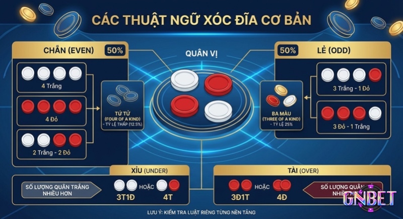 Sơ đồ giải thích các thuật ngữ xóc đĩa cơ bản: Chẵn Lẻ 50%, Tứ tử 12.5%, Ba màu 25%, Tài Xỉu qua 4 quân vị