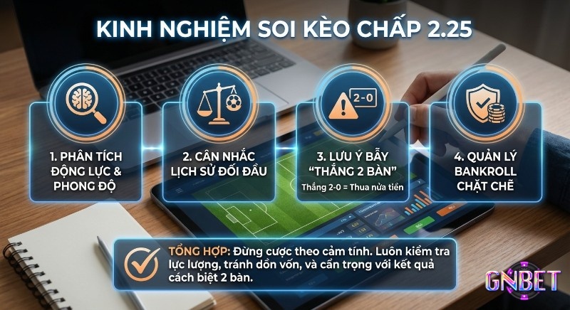 Tổng hợp kinh nghiệm soi kèo chấp 2.25 qua 4 bước: phân tích động lực, lịch sử đối đầu, lưu ý bẫy thắng 2 bàn và quản lý vốn chặt chẽ