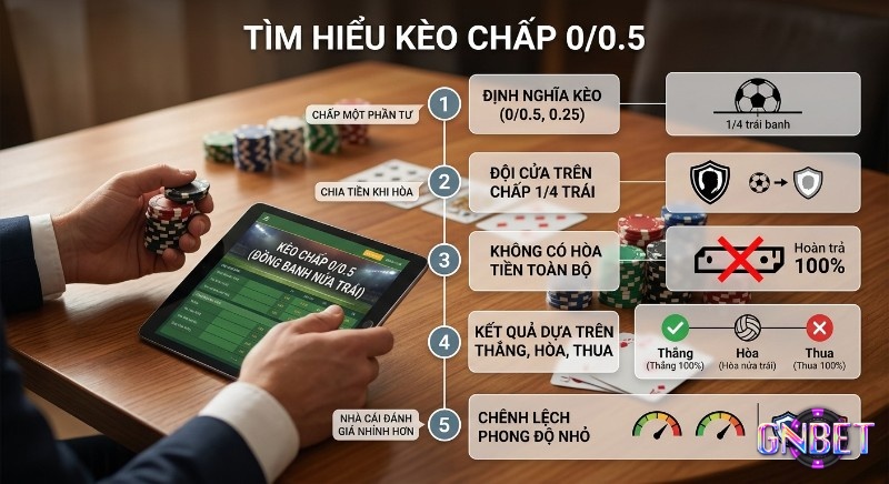 Kèo chấp đồng banh nửa trái là gì? Hướng dẫn 5 bước tìm hiểu kèo chấp 0/0.5 đồng banh nửa trái, chi tiết về định nghĩa, điều kiện hòa và kết quả cược