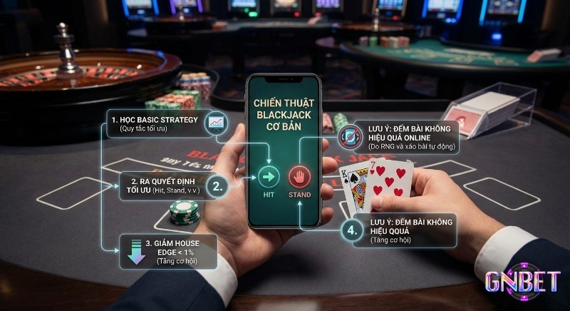 Sơ đồ hướng dẫn chiến thuật Blackjack cơ bản giúp ra quyết định tối ưu, giảm House Edge dưới 1% và lưu ý đếm bài không hiệu quả online