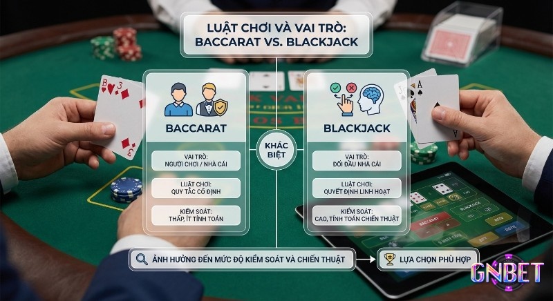 Bảng so sánh Baccarat vs Blackjack chi tiết luật chơi, vai trò người chơi, mức độ kiểm soát và tính toán chiến thuật