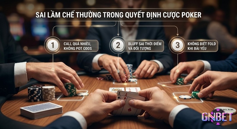 Tổng quan 3 sai lầm phổ biến khi ra quyết định cược Poker: Call không có Pot odds, Bluff sai thời điểm, và không Fold đúng lúc