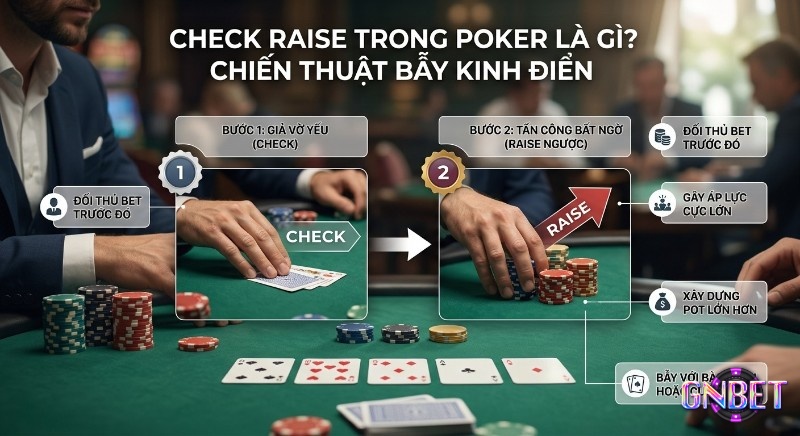 Quy trình 2 bước triển khai chiến thuật Check Raise trong Poker, giả vờ yếu rồi tố ngược gây áp lực và xây dựng pot