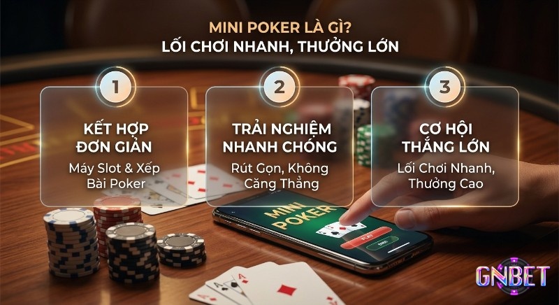 Tổng quan Mini Poker là gì với 3 lợi ích chính: kết hợp slot & poker đơn giản, trải nghiệm nhanh gọn không căng thẳng, cùng cơ hội thắng lớn