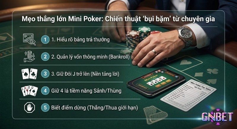 Tổng hợp 5 chiến thuật "bụi bặm" giúp thắng lớn Mini Poker: quản lý vốn, giữ bài thông minh và biết điểm dừng