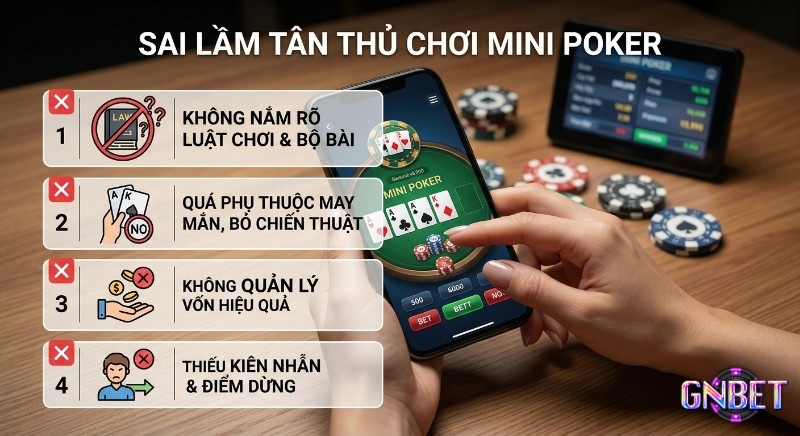 Checklist 4 sai lầm tân thủ Mini Poker dễ mắc phải: không nắm luật chơi Mini Poker, phụ thuộc may mắn, quản lý vốn kém, thiếu kiên nhẫn