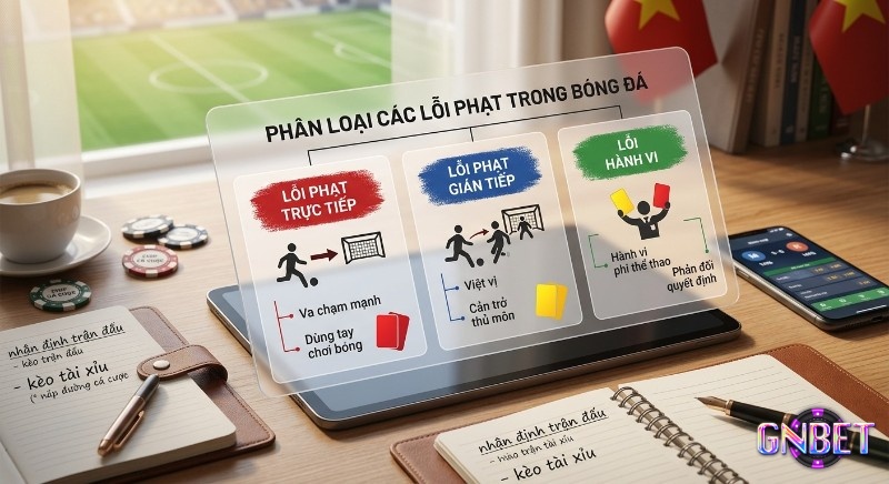 Sơ đồ phân loại các lỗi phạt trong bóng đá, bao gồm trực tiếp, gián tiếp, hành vi và hình phạt thẻ tương ứng