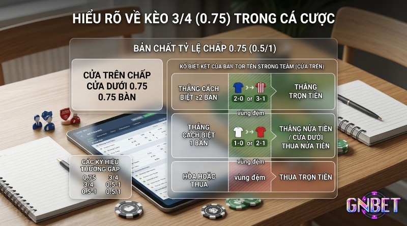 Giải thích kèo 3/4 (0.75) trong cá cược bóng đá. Cửa trên chấp 0.75 bàn, thắng ≥2 bàn ăn trọn, thắng 1 bàn ăn nửa, hòa/thua mất tiền. Ký hiệu 0.75, 3/4, 0.5-1