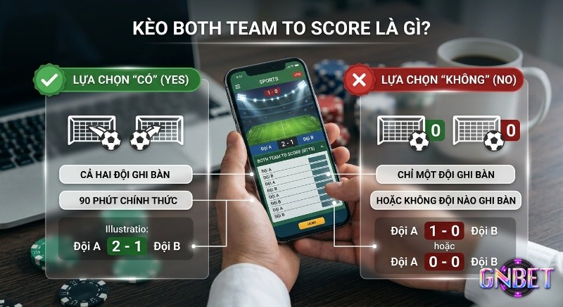 Cách đọc kèo Both Team To Score: phân biệt rõ lựa chọn CÓ (cả hai đội ghi bàn 2-1) và KHÔNG (một hoặc không đội nào ghi bàn 1-0, 0-0)