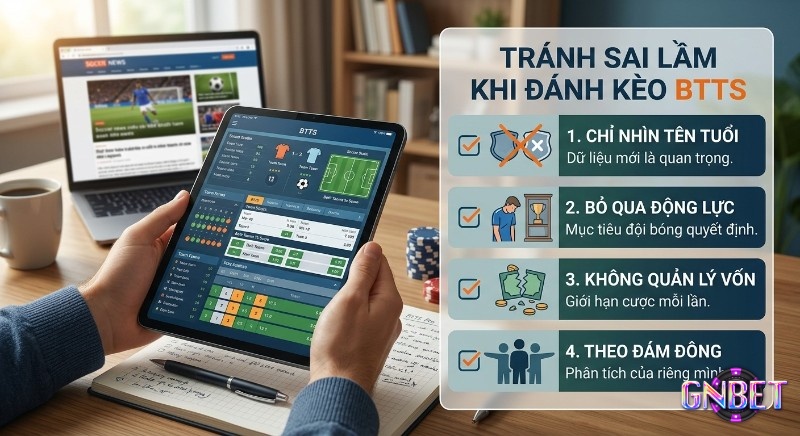 Checklist 4 sai lầm cần tránh khi đánh kèo BTTS, nhấn mạnh tầm quan trọng của phân tích dữ liệu và quản lý vốn cược