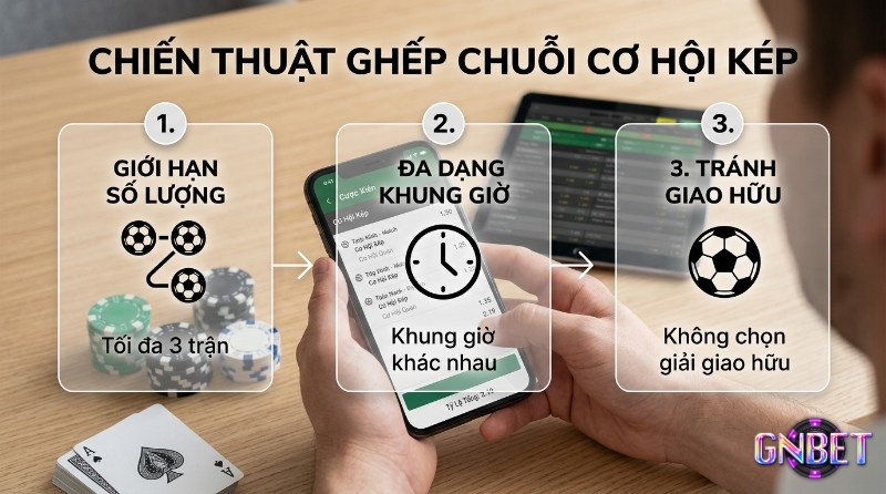 Chiến thuật ghép chuỗi cơ hội kép: giới hạn 3 trận, đa dạng khung giờ, tránh giải giao hữu, tỷ lệ cược 1.30, 1.25, 1.35 tổng 2.19
