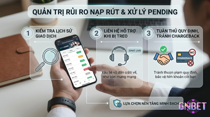 Quản trị rủi ro nạp rút, xử lý pending: kiểm tra lịch sử giao dịch, liên hệ hỗ trợ chat live, tuân thủ quy định tránh chargeback và chọn nền tảng minh bạch