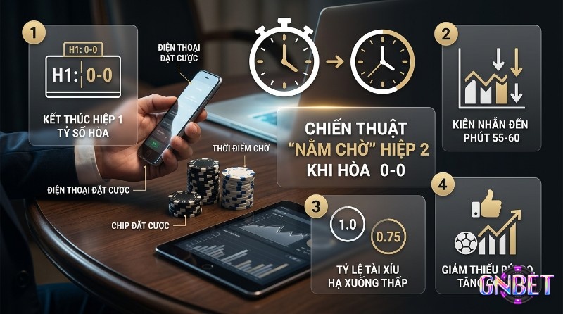 Chiến thuật "nằm chờ" bắt kèo tài xỉu hiệp 2 khi hiệp 1 hòa 0-0, kiên nhẫn đến phút 55-60, tỷ lệ hạ xuống 1.0 hoặc 0.75, giảm rủi ro, tăng cơ hội thắng