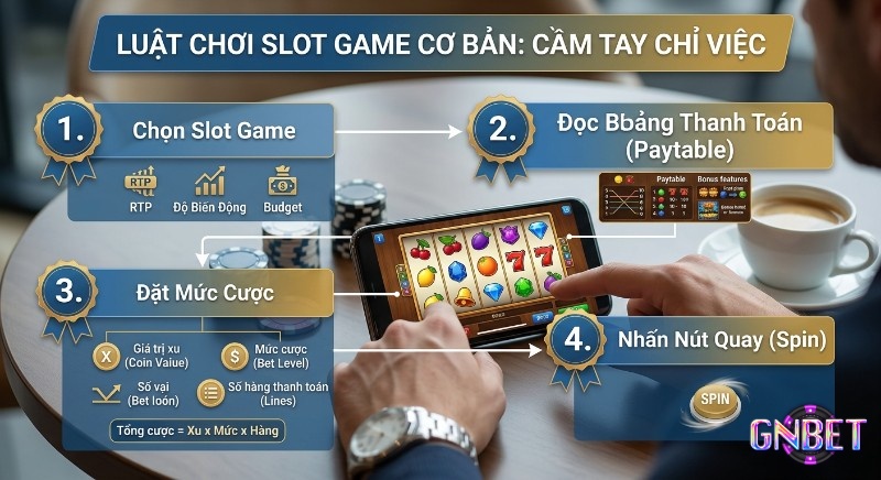 Quy trình 4 bước chơi Slot Game là gì ?cơ bản: từ chọn game, đọc Paytable, đặt cược đến nhấn Spin, giúp người mới, tối ưu cơ hội thắng