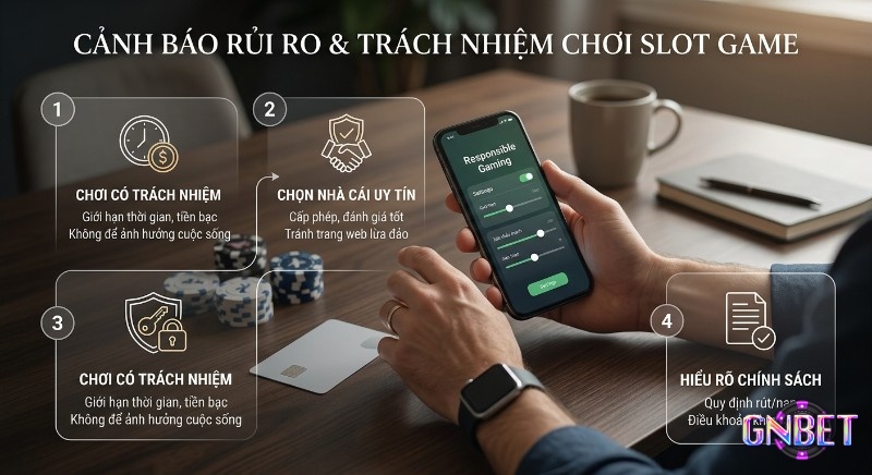 Quy trình 4 bước chơi Slot Game có trách nhiệm, cảnh báo rủi ro, bao gồm thiết lập giới hạn cá nhân và chọn nhà cái uy tín