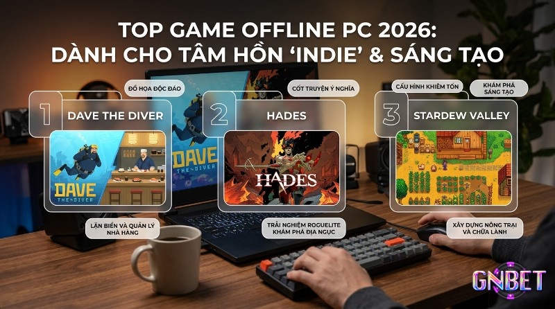 Top những game offline hay PC 2026 indie sáng tạo: Dave the Diver lặn biển, Hades roguelite, Stardew Valley nông trại chữa lành trên laptop