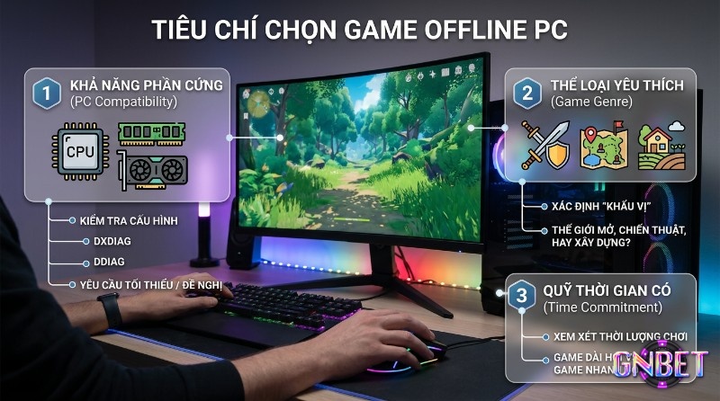 Tiêu chí chọn những game offline hay PC: kiểm tra cấu hình máy (CPU, RAM, GPU), thể loại game yêu thích (phiêu lưu, chiến thuật, xây dựng) và quỹ thời gian chơi