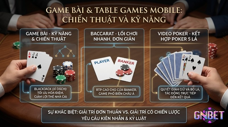 Game Bài & Table Games mobile: Yếu tố chiến thuật và kỹ năng qua Blackjack (Xì Dách) AJA, Baccarat Player/Banker, Video Poker 5 lá, chip